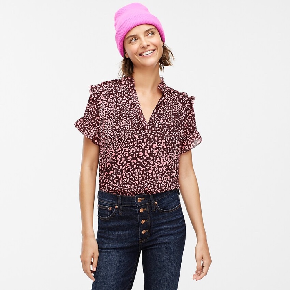 Short-sleeve ruffle top in leopard-SALE-THIS WEEK ONLY
